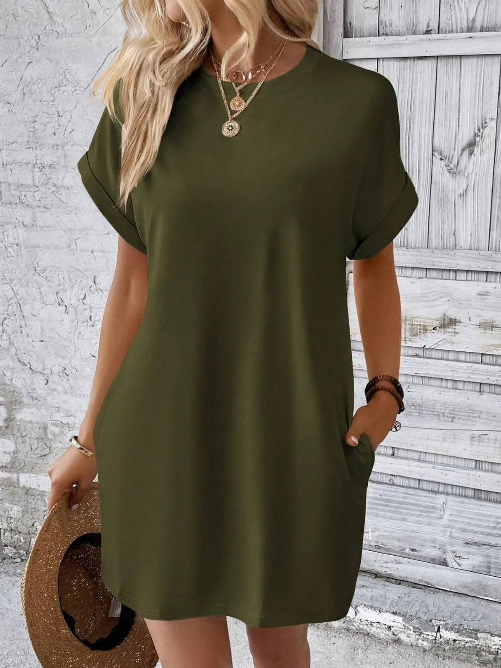 Olive green Round Neck Short Sleeve Mini Dress with pockets, made of 95% polyester and 5% spandex, imported, size S.