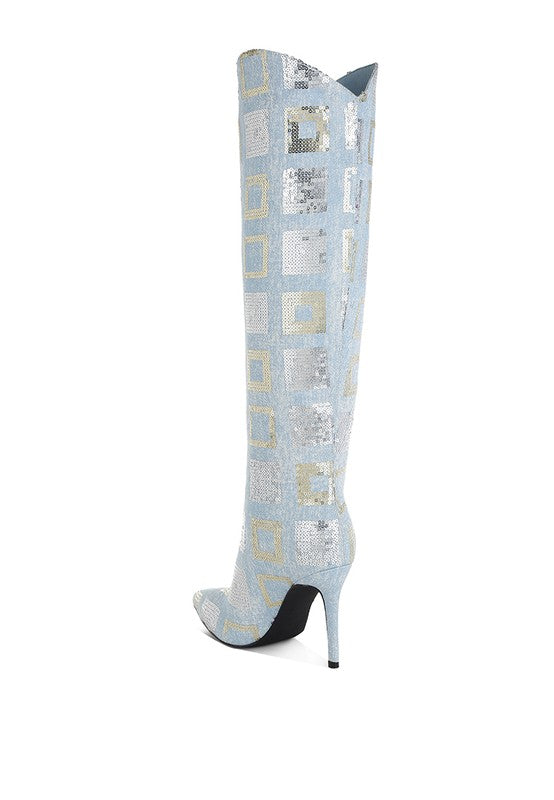 Glamorous Checkered Sequin Knee High Stiletto Boots