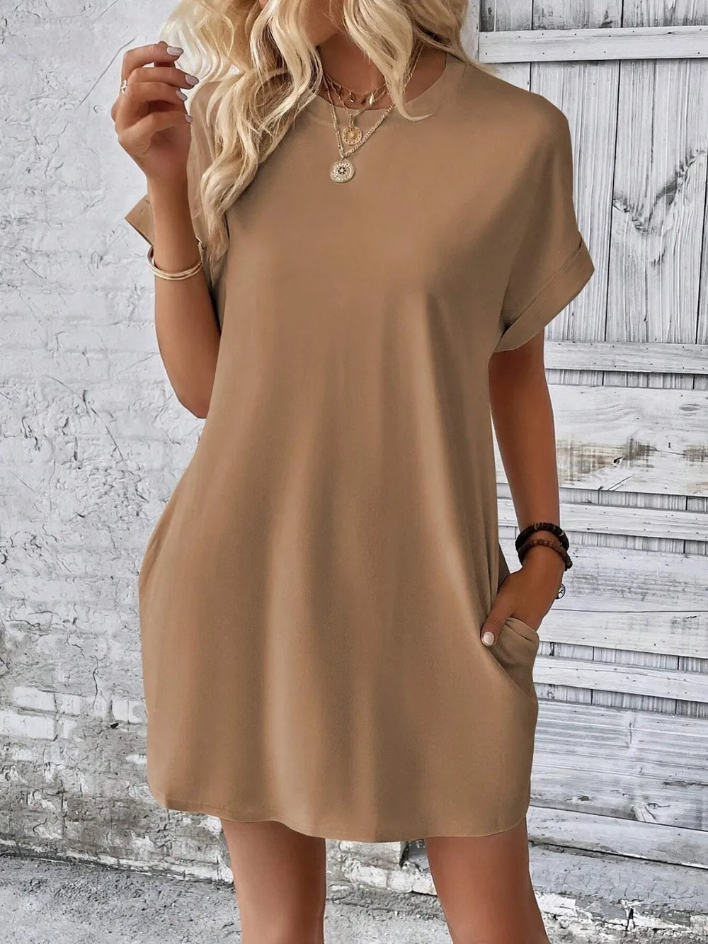 Slightly stretchy beige Round Neck Short Sleeve Mini Dress with basic style, opaque fabric, imported, size S, machine washable.