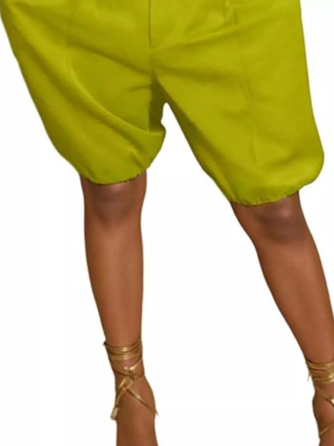Pleated high-waist lime shorts with drawstring and pockets; 95% polyester, 5% spandex.