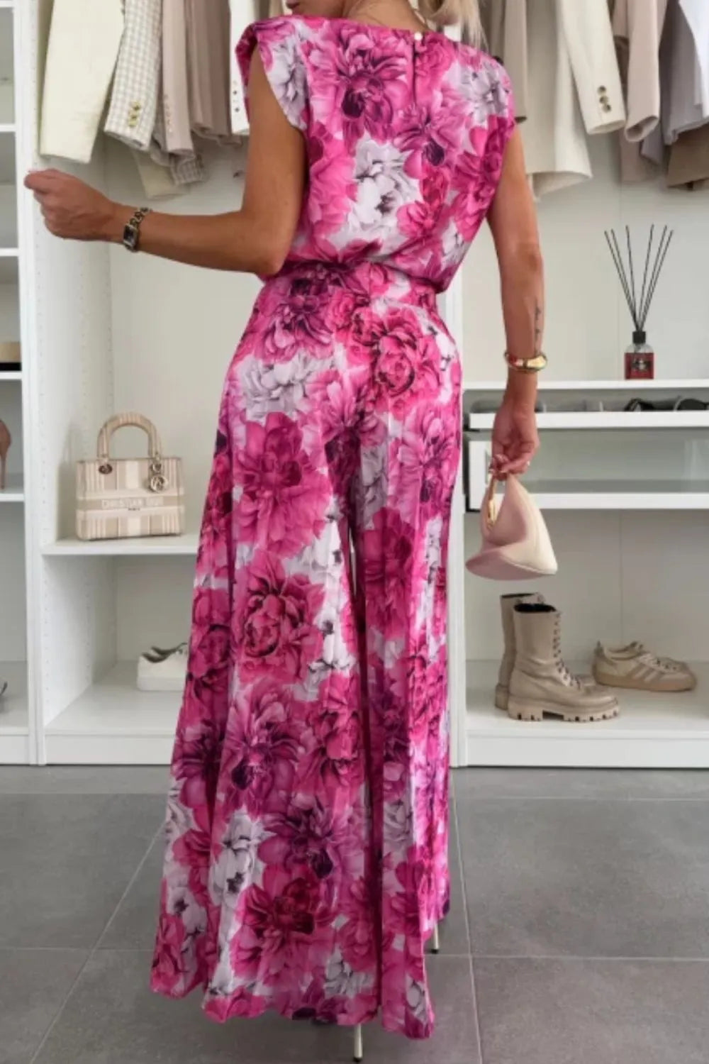 Floral Round Neck Top and Pleated Pants Set in pink, perfect for stylish and comfortable outfits. Machine washable.