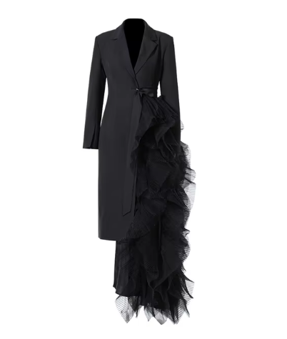 Tuxedo-Inspired Gown with Ruffled Asymmetry