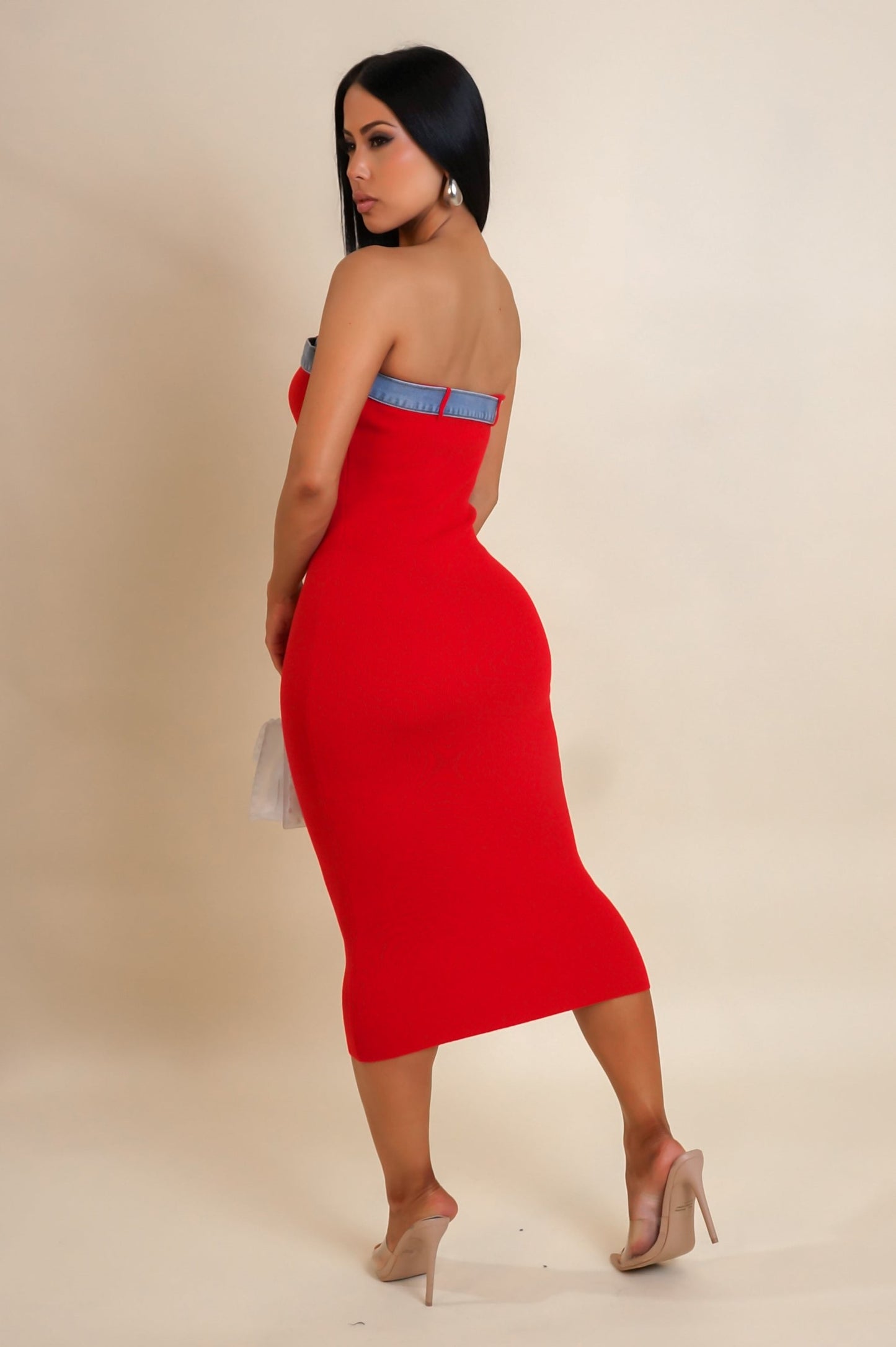 Red Tub Top Midi Dress with Denim Accent for Stylish Chic