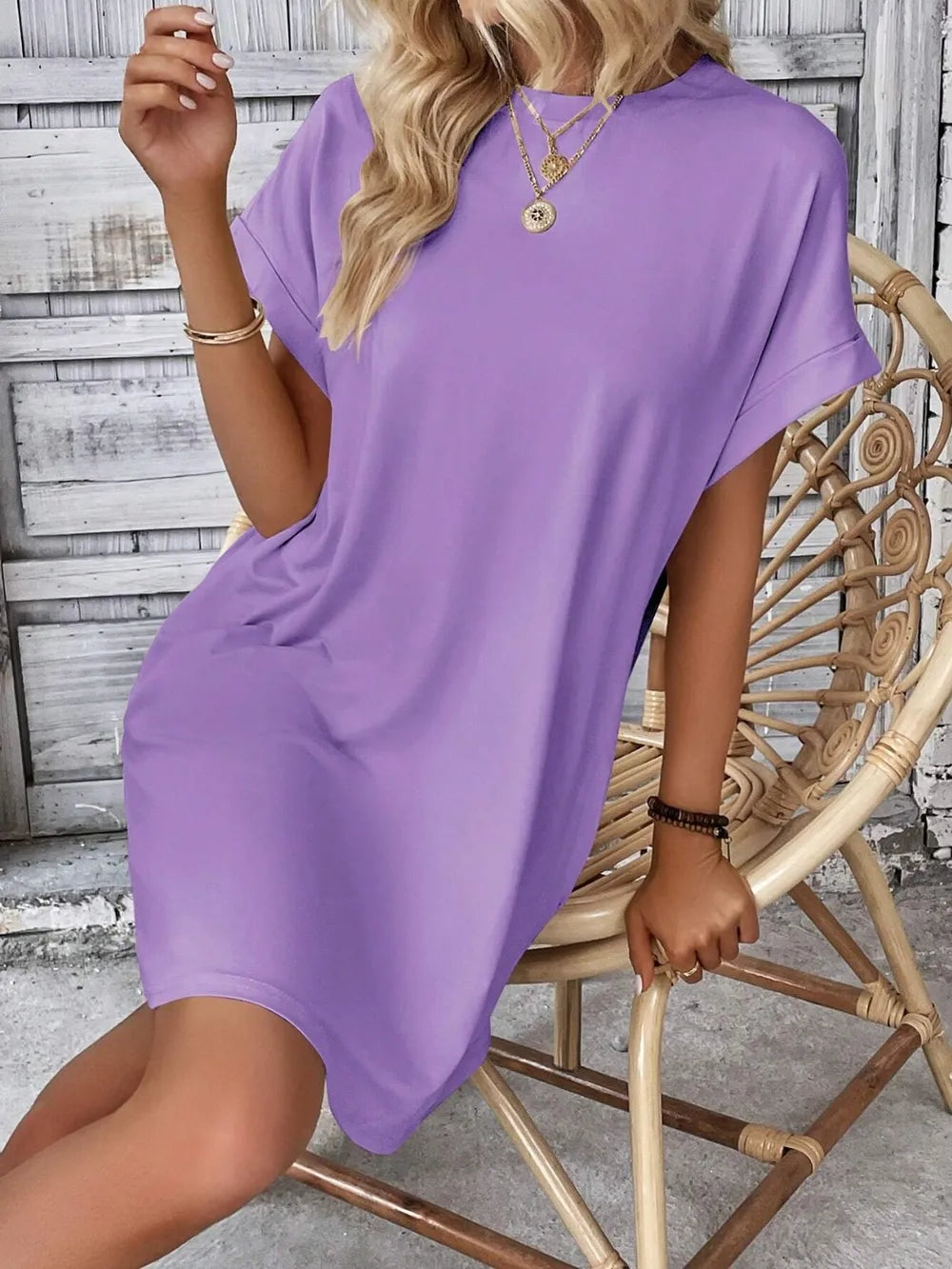 Light purple Round Neck Short Sleeve Mini Dress with stretchy, opaque fabric, perfect for casual or summer wear.