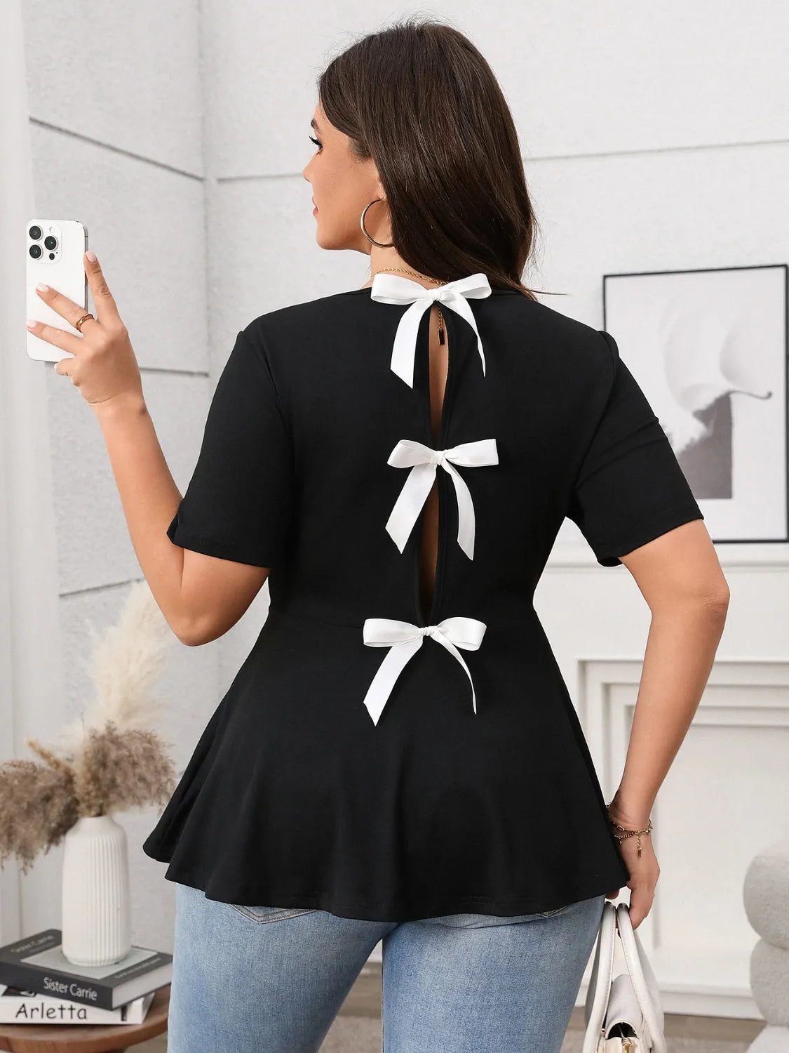 Stylish Bow Back Short Sleeve Blouse featuring elegant bows at the back, perfect for a chic look. Ideal for any occasion.
