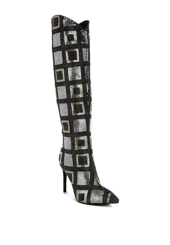 Glamorous Checkered Sequin Knee High Stiletto Boots