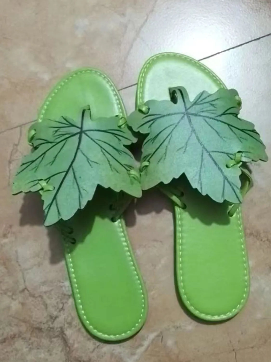 Bright green open toe flats slippers made of PU leather and rubber, true to size, imported, perfect for summer comfort.