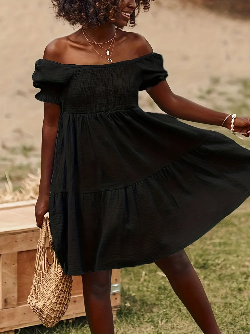 Ruffled Off-Shoulder Short Sleeve Dress with ruched and ruffled details, perfect for summer, made of polyester and cotton, imported by ShopEase.
