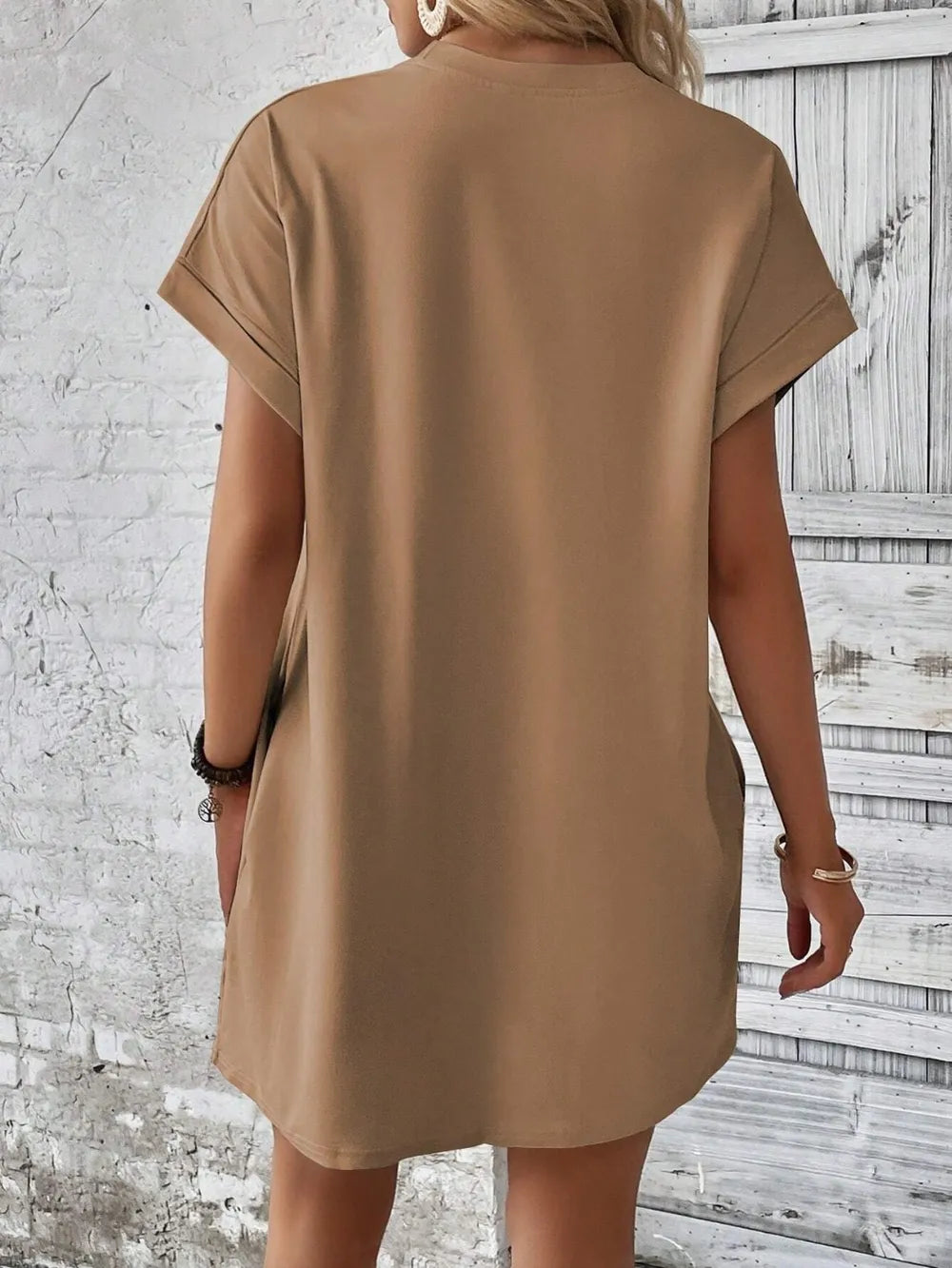 Light beige Round Neck Short Sleeve Mini Dress with opaque stretch fabric, basic style, machine washable, imported.