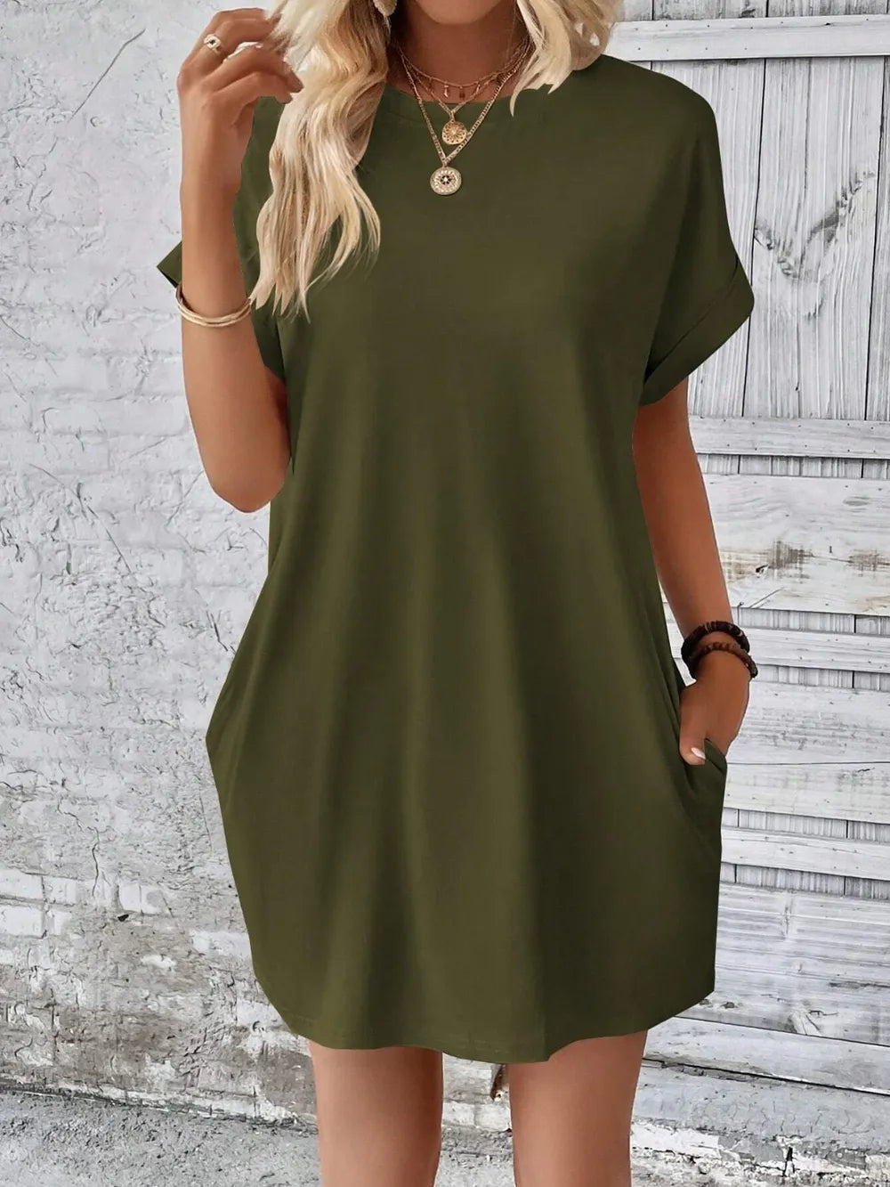 Chic olive green Round Neck Short Sleeve Mini Dress with a basic style, slightly stretchy fabric, perfect for casual wear.