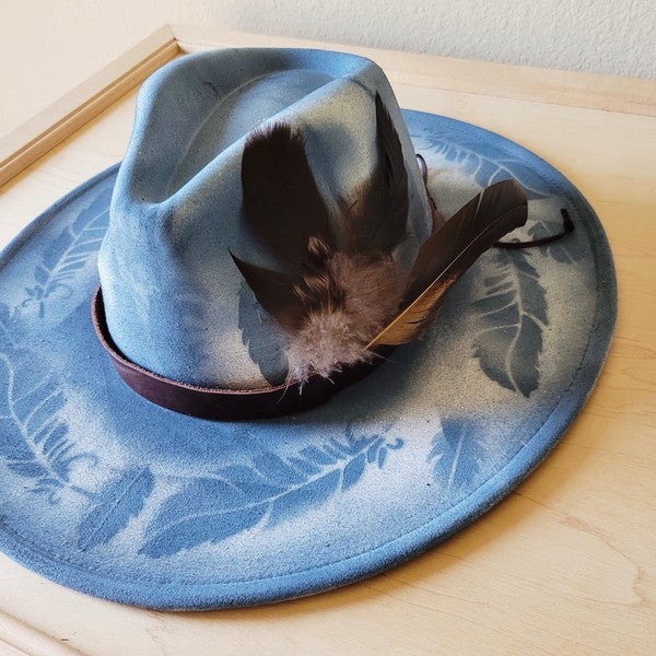 CUSTOM Hand-Painted Branded Cowgirl Western Boho Hat with feathers, stones, and leather band for unique western style.