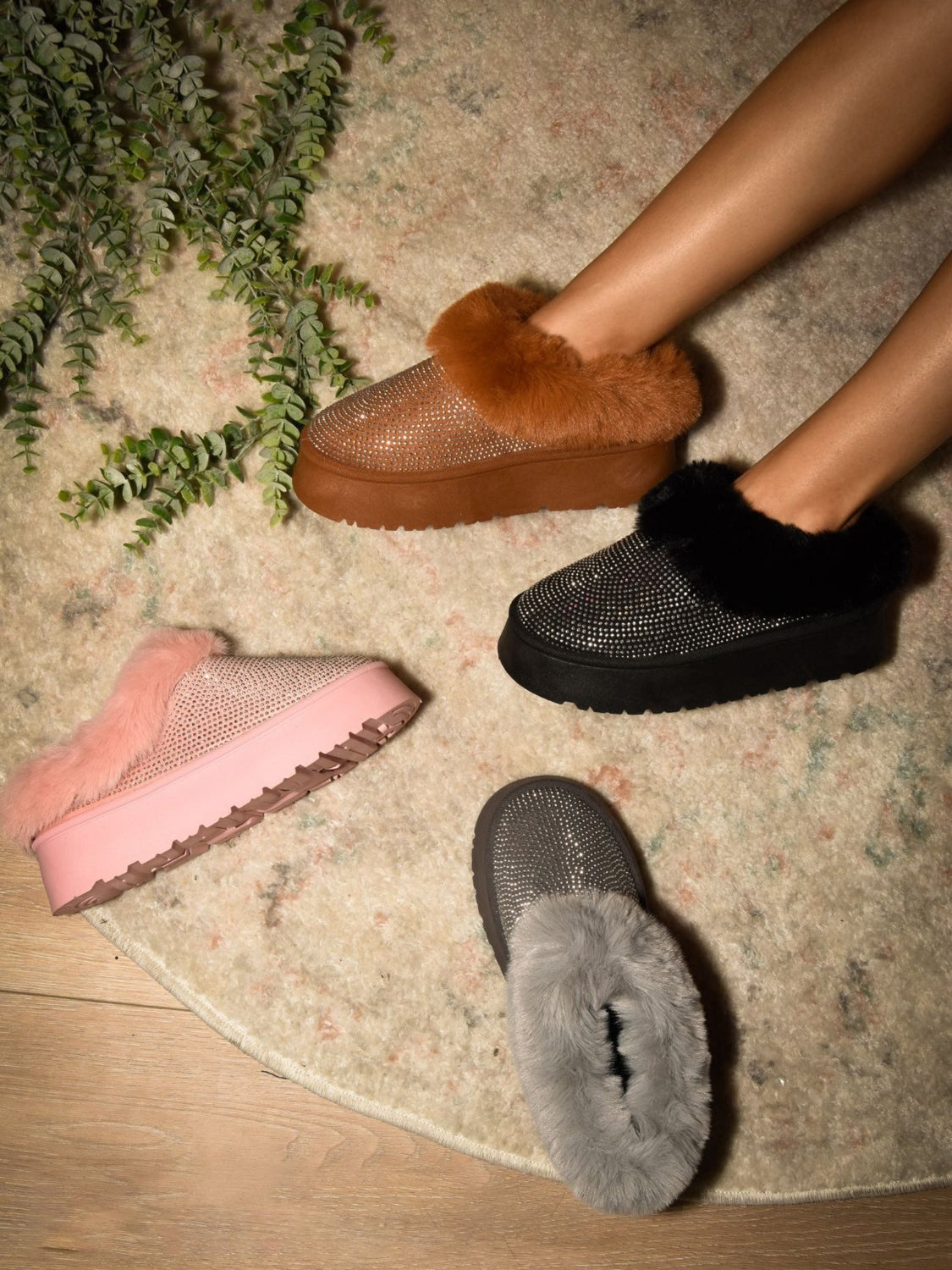 Embellished Faux Fur Platform Ankle Boots