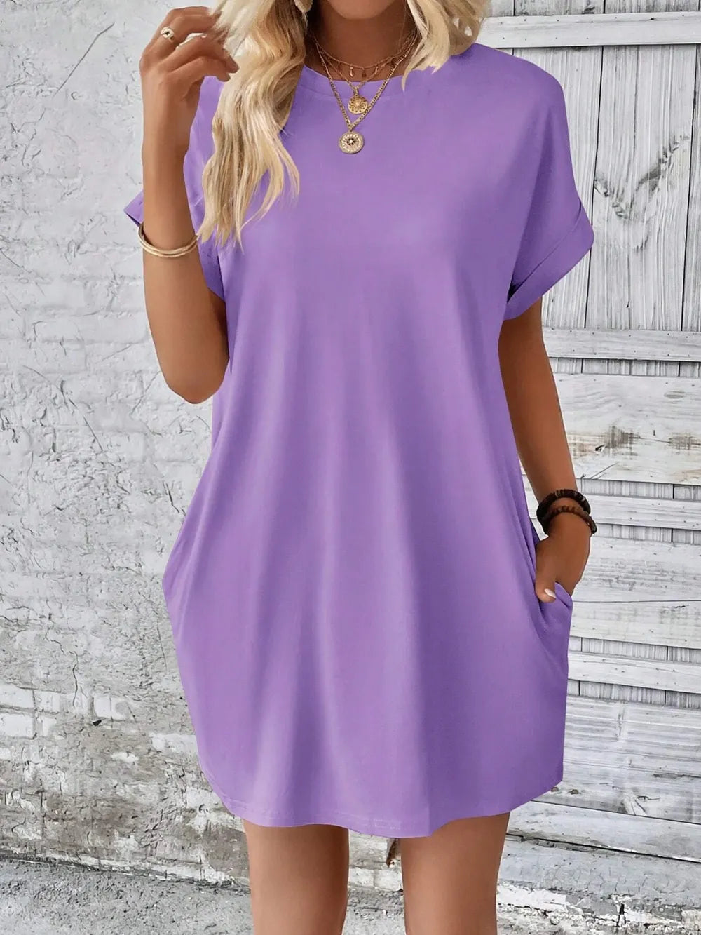 Pink purple stretchable Round Neck Short Sleeve Mini Dress with pockets, stylish and comfortable for summer wear.
