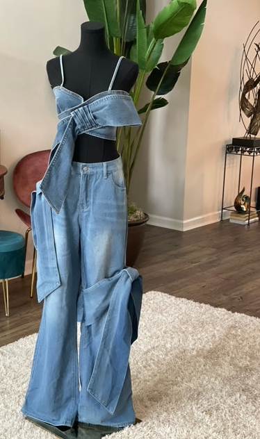 Two-piece Denim Bow Halter Top with matching Bow Pants Set