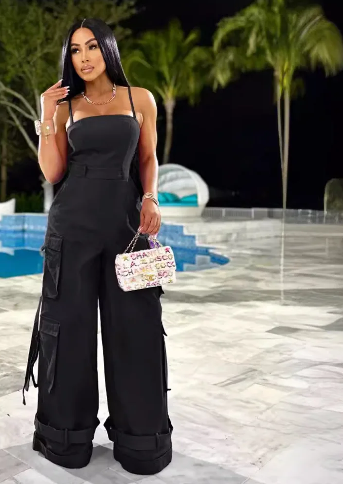 Black Spaghetti Straps Shirred Bodice Pocketed Wide Leg Jumpsuit