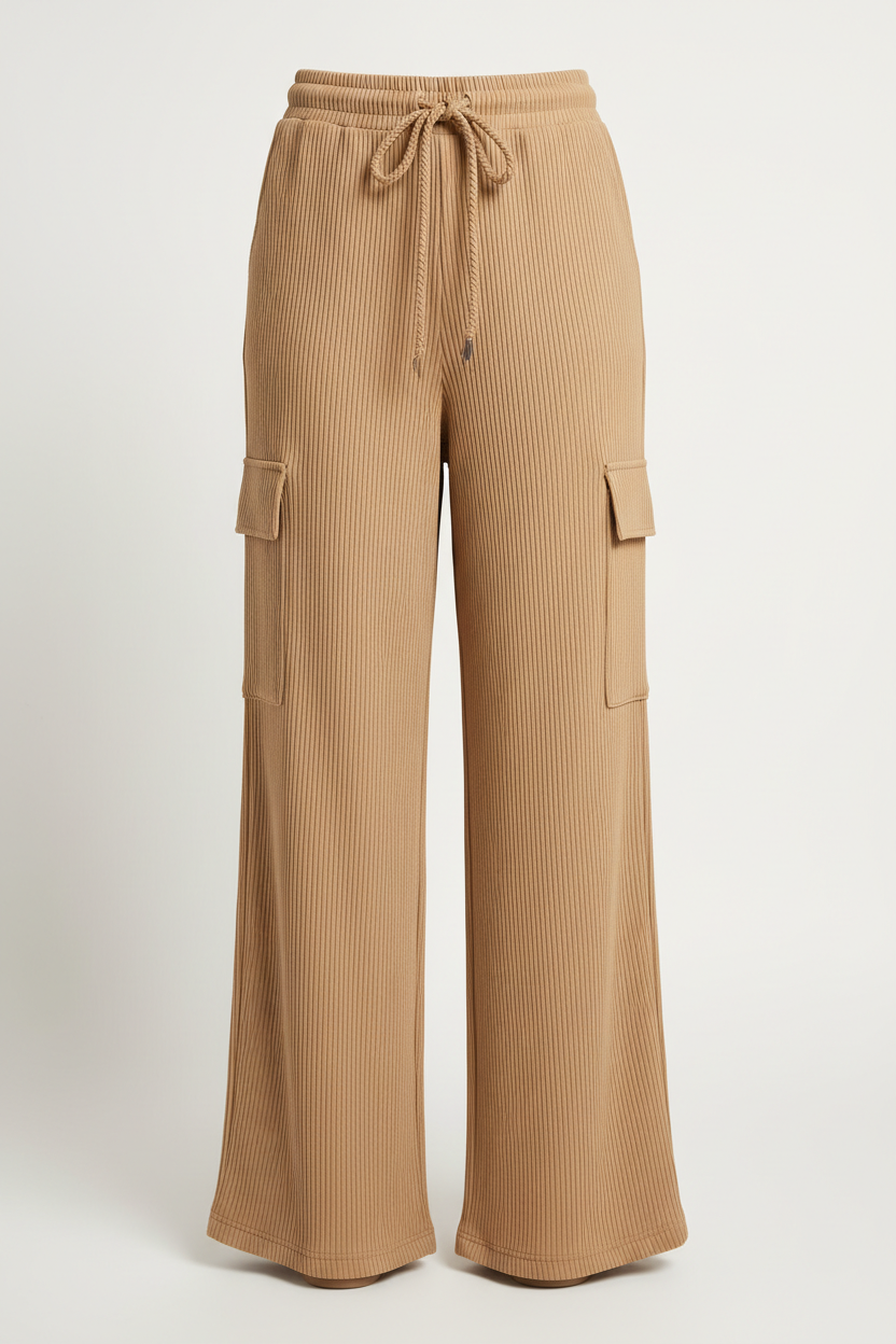 Ribbed Crop Top and Wide Leg Cargo Pant Set