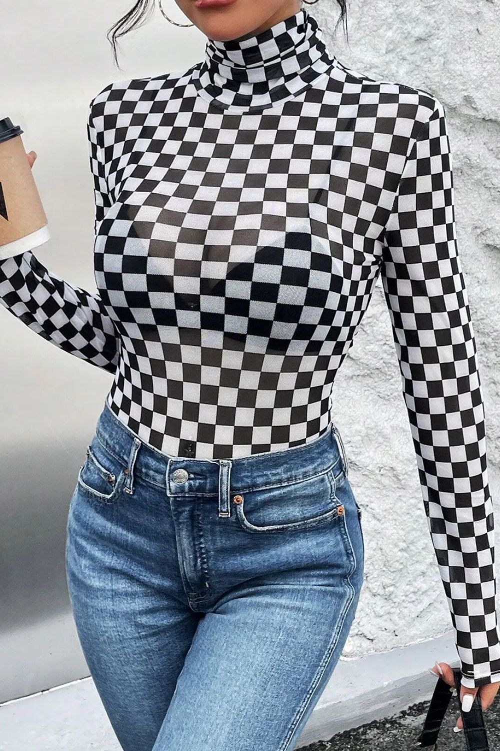 Checkered Long Sleeve Turtleneck Bodysuit