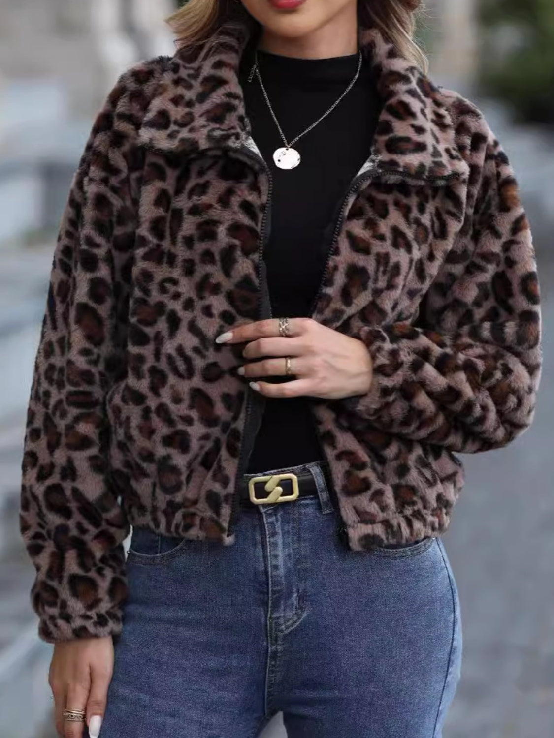 Leopard Print Zip-Up Jacket with Collared Neck