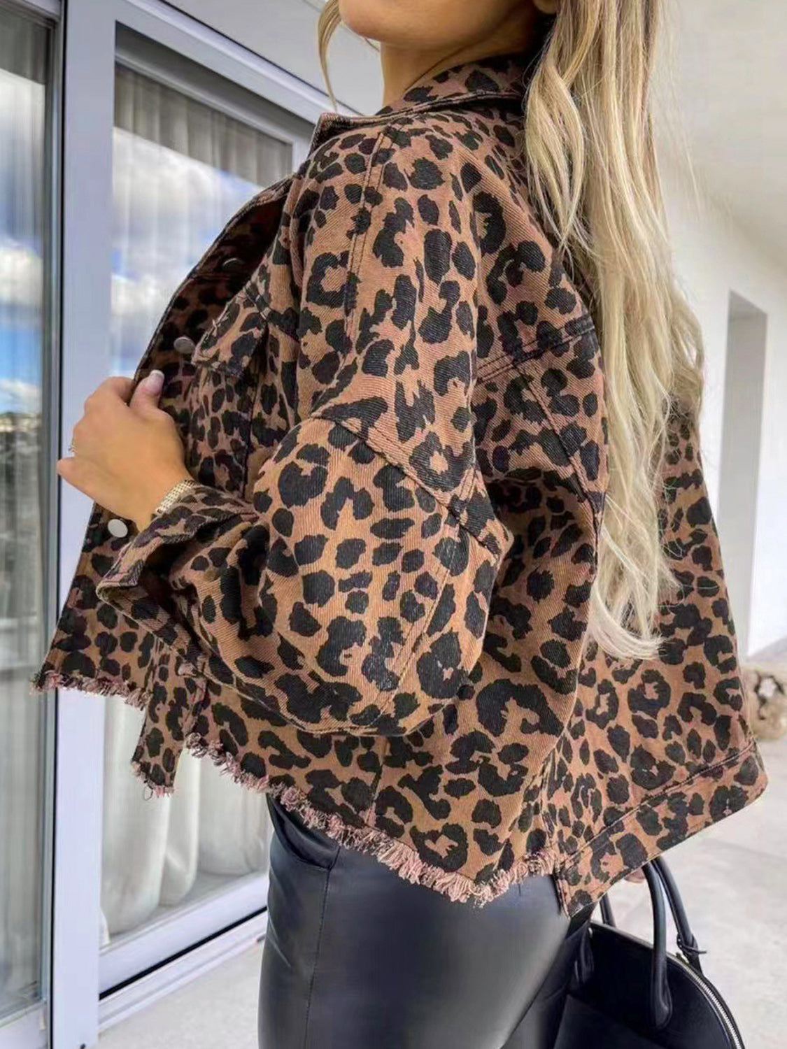 Leopard Print Raw Hem Denim Jacket with Collared Neck