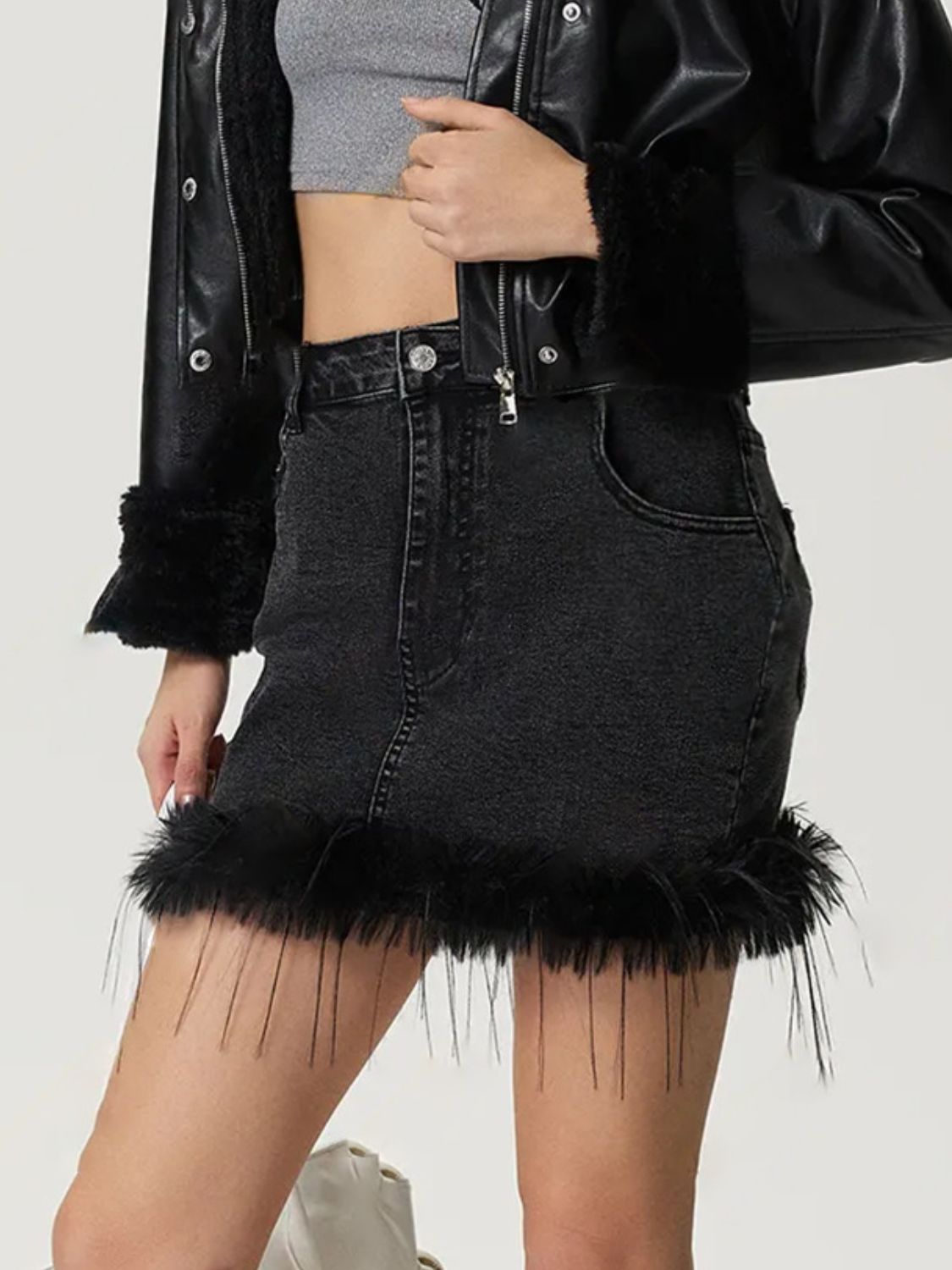 Button-Up Plush Denim Mini Skirt