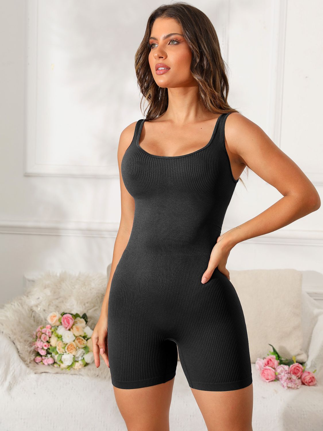 Scoop Neck Wide Strap Stretchy Active Jumpsuit