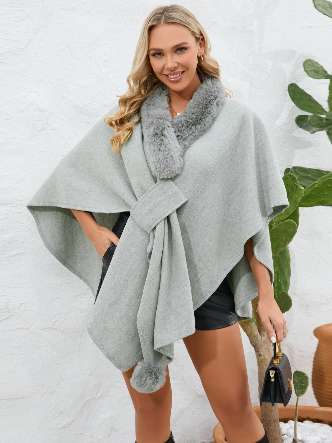 Cozy Fuzzy Trim Open Front Cape