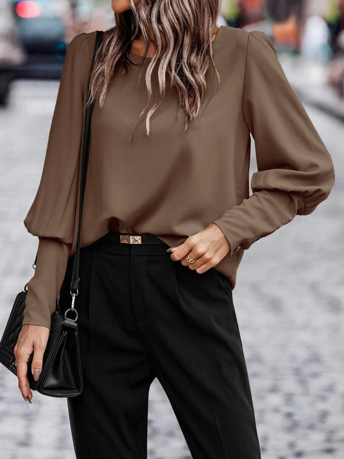 Decorative Button Sheer Blouse with Long Sleeves and Round Neck