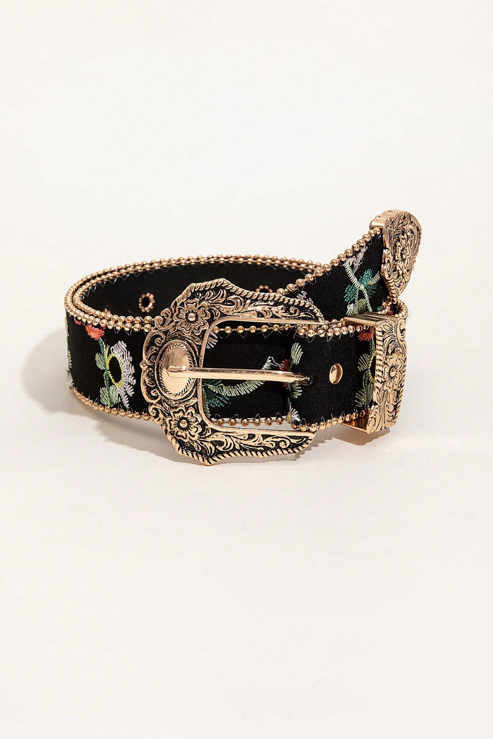 Embroidered Leather Adjustable Buckle Belt