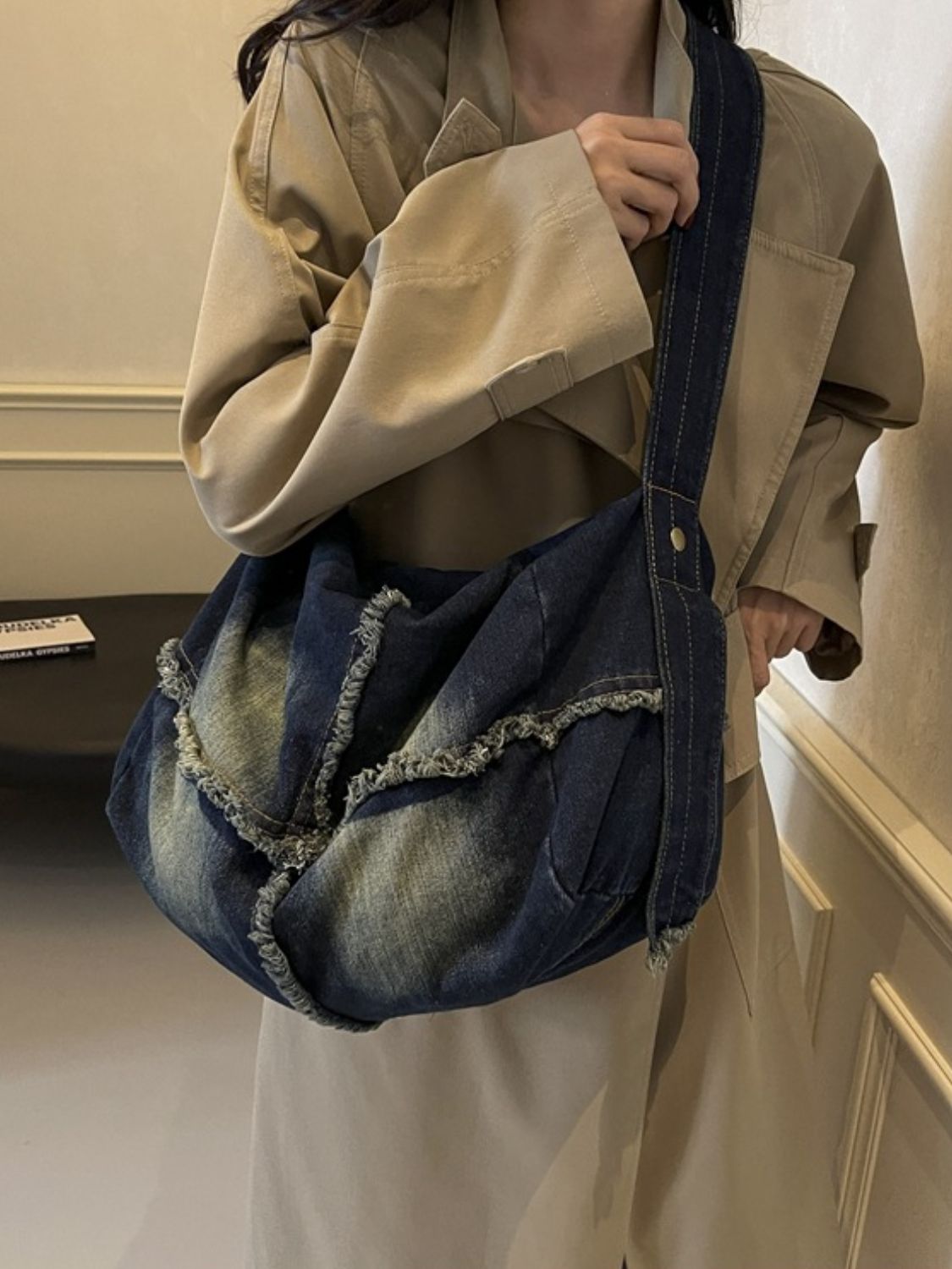 Denim Gradient Crossbody Bag with Raw Hem