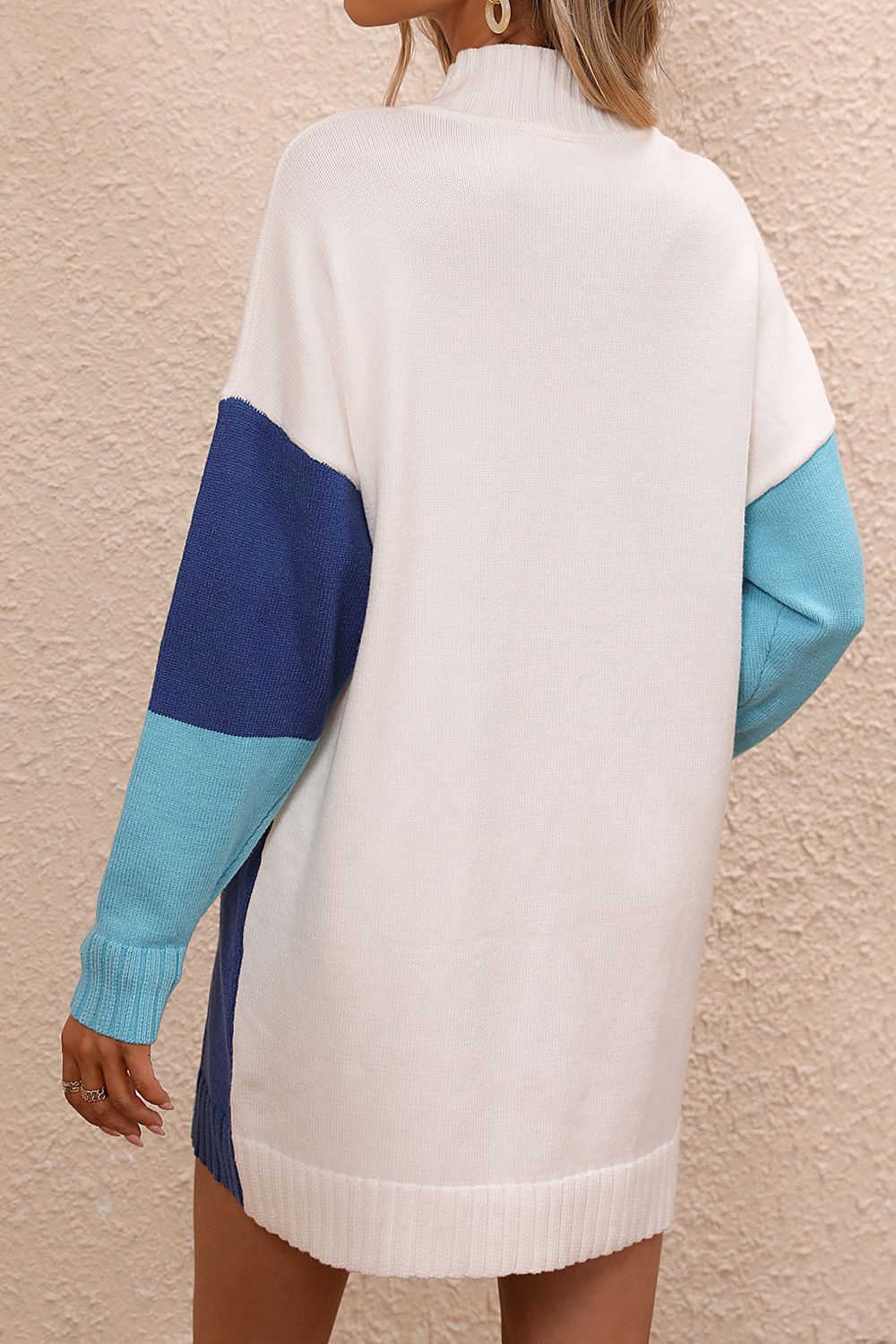 Color Blocked Long Sleeve Mini Sweater Dress with Mock Neck