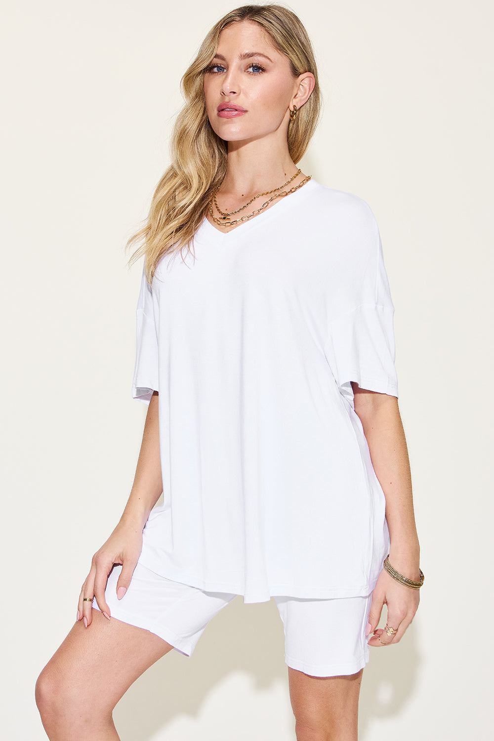 Full Size, V-Neck, Drop Shoulder Short Sleeve T-shirt and Short Set