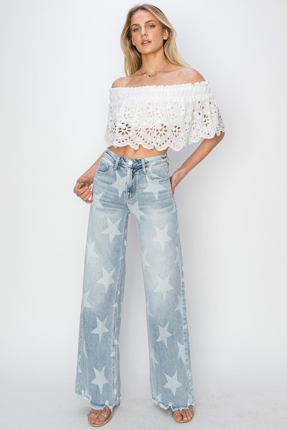 Raw Hem Star Wide Leg Jeans