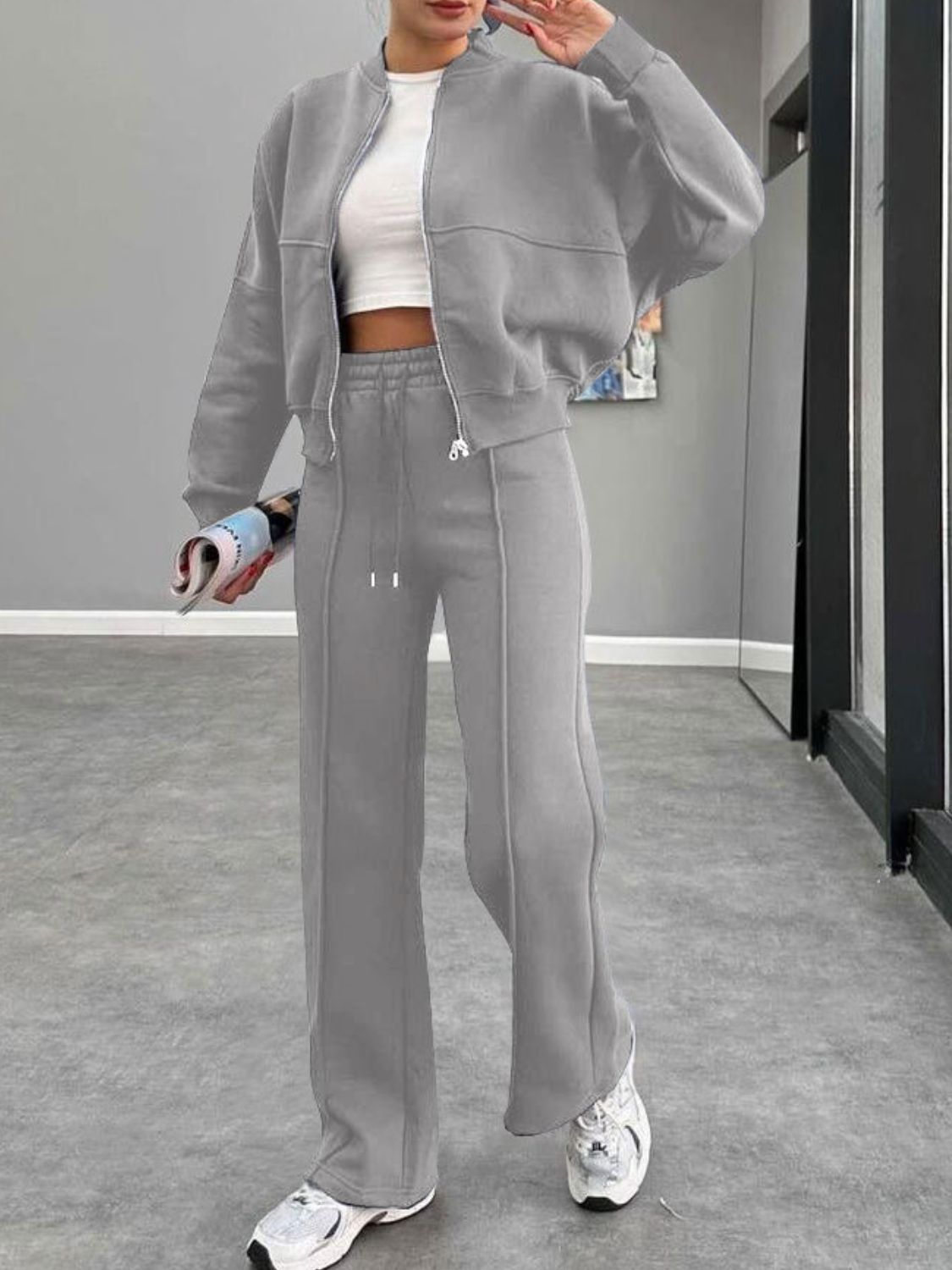 Fuzzy Lined Baseball Collar Zip-Up Jacket and Adjustable Drawstring Pants Set