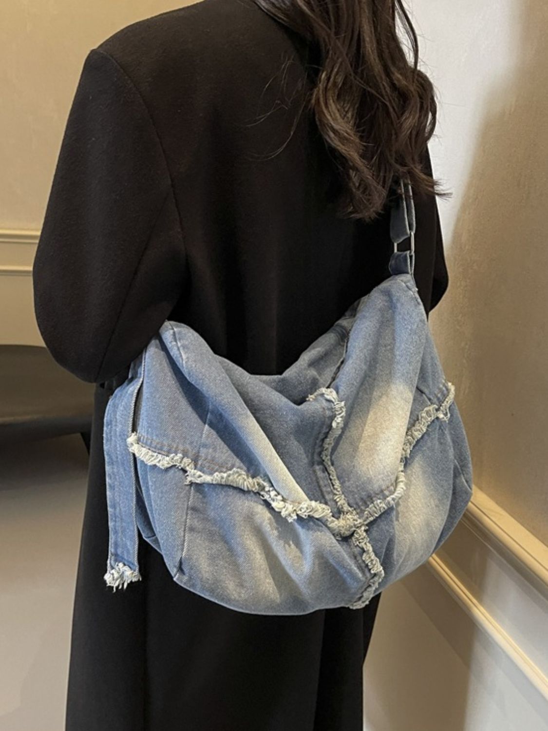 Denim Gradient Crossbody Bag with Raw Hem