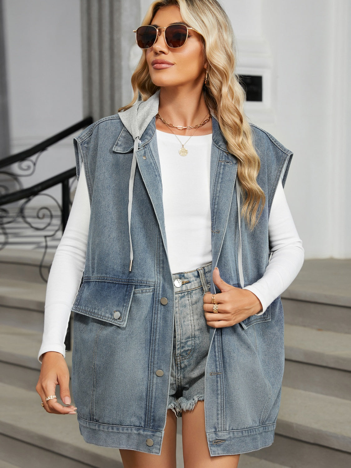 Detachable Hooded Denim Button-Up Jacket with Cap Sleeves