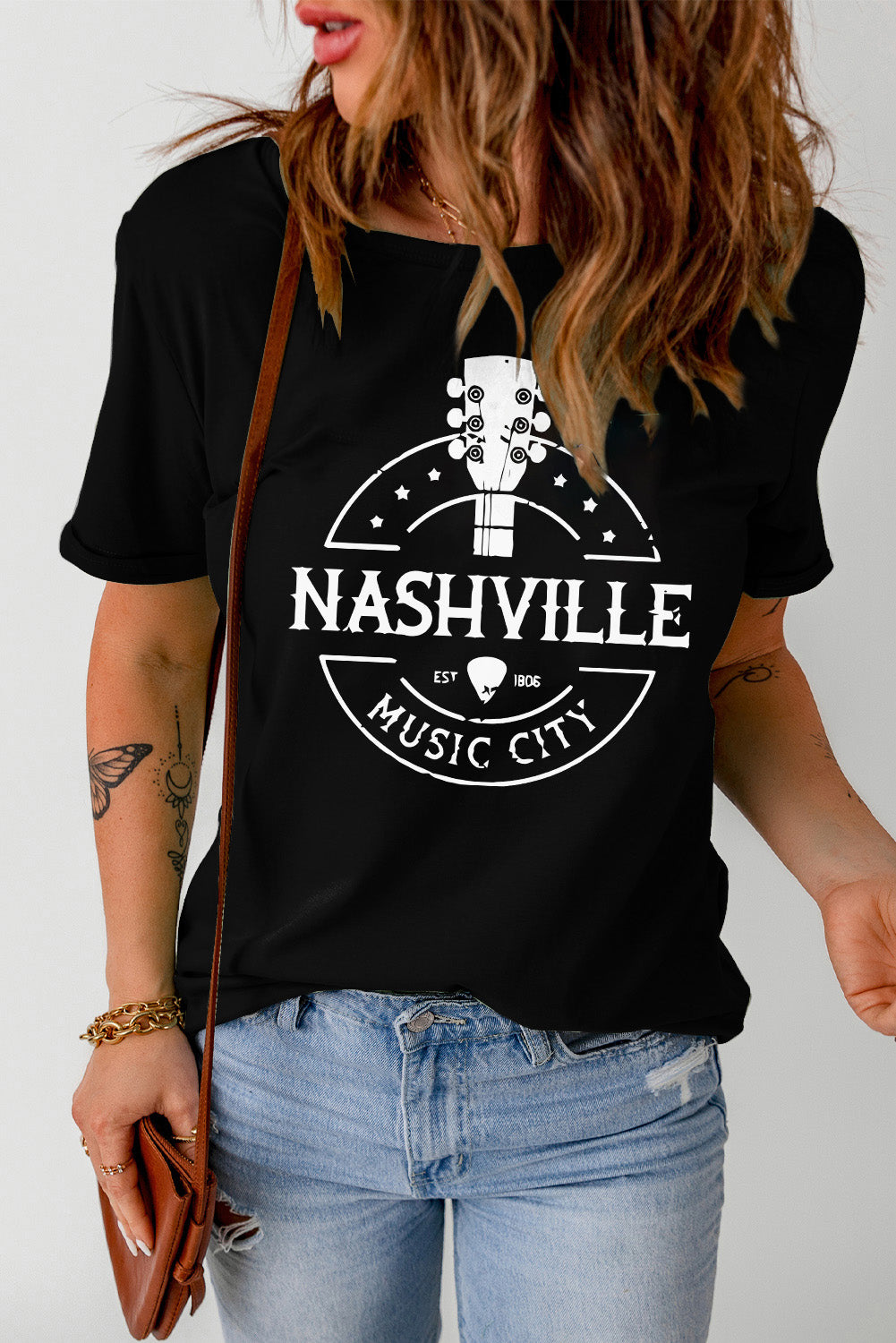 Nashville Music City Graphic Tee Shirt with Cuffed Sleeves