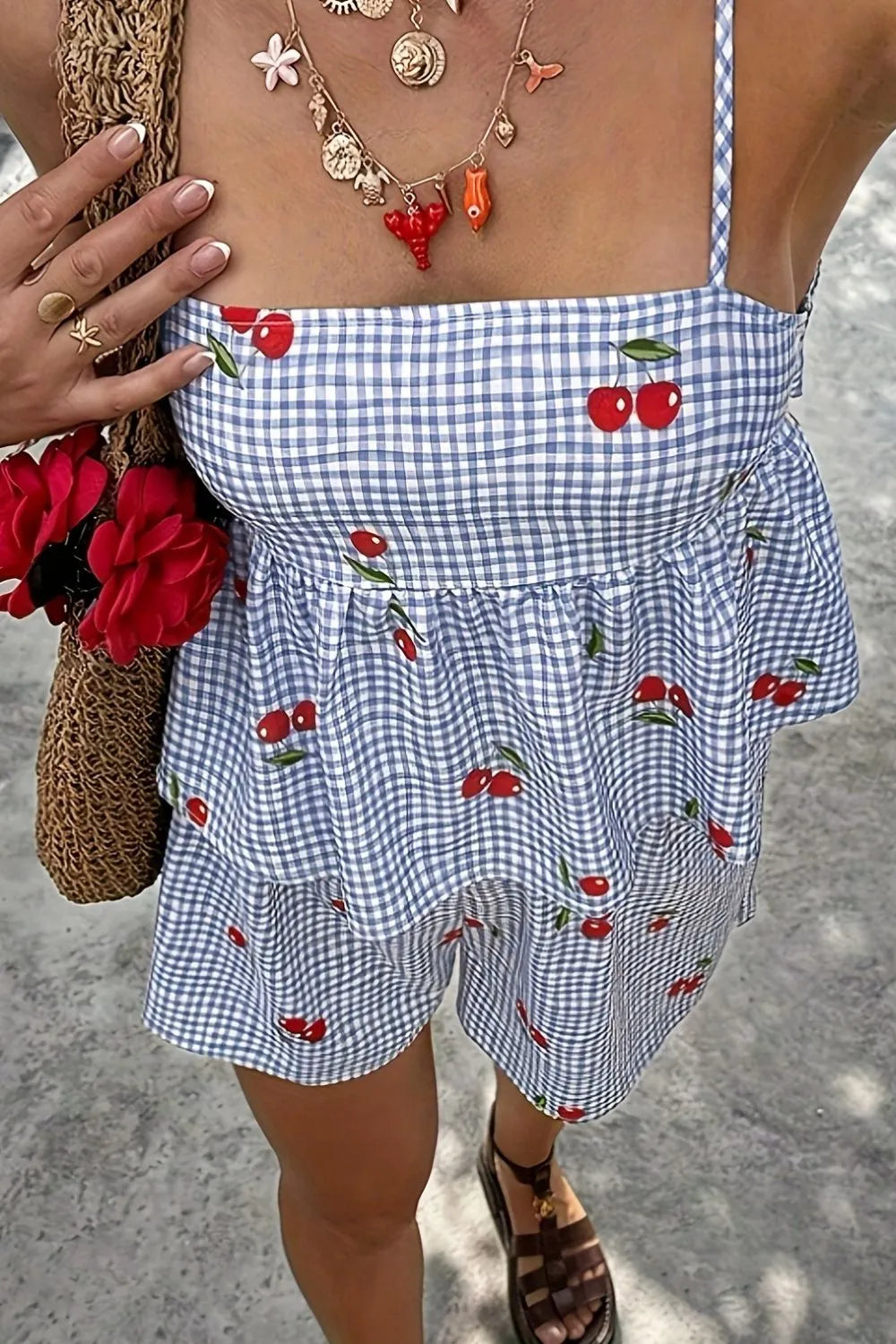 Floral Gingham Print Cami and Shorts Two-Piece Set with tied bow, perfect for summer, from ShopNow, made of 90% polyester and 10% elastane.