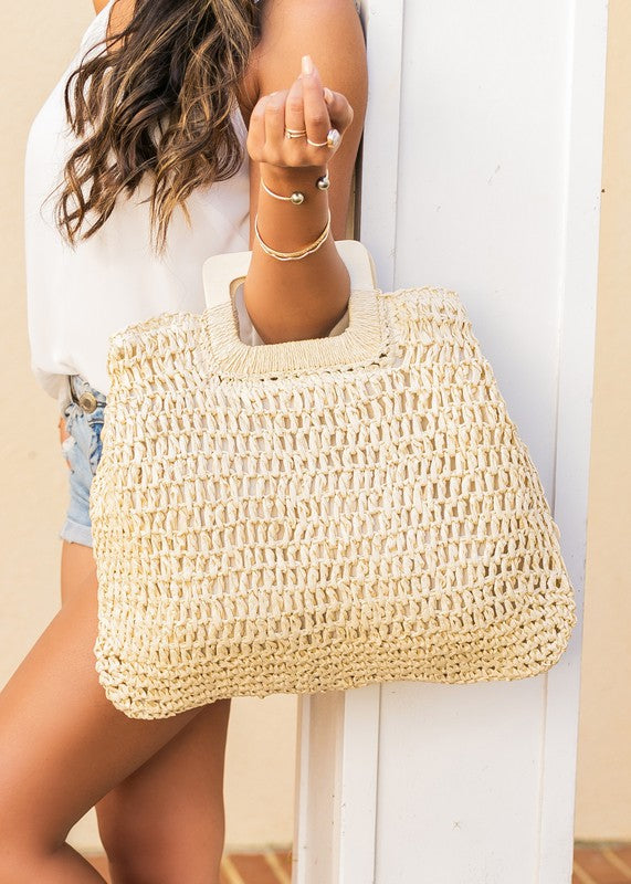 Large Woven Straw Handbag with Wood Handles