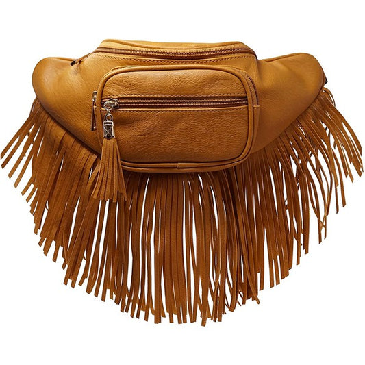 Fashion Fringe Tassel Fanny Pack Waist Bag – faux leather, zip top, gold hardware, adjustable strap, 13x5.5x4