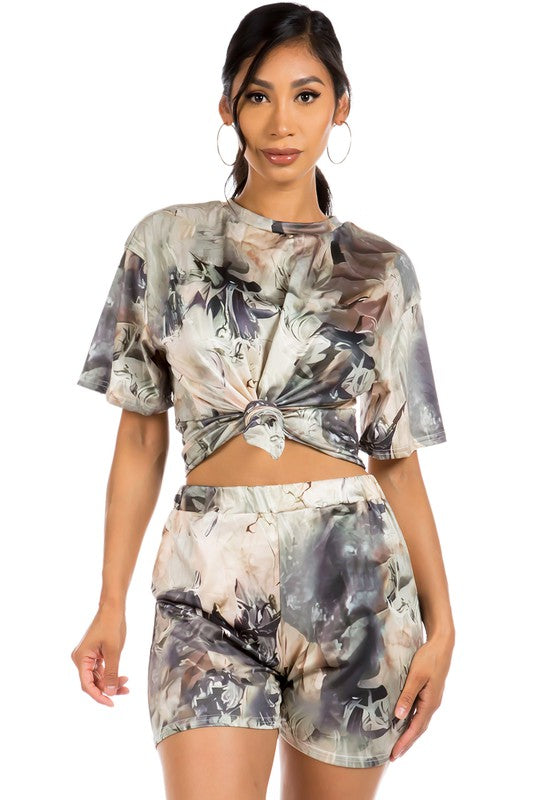 2-piece Tie Dye Inspired Round Neck Biker Short Set