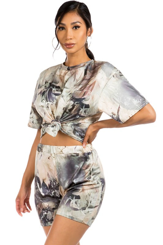 2-piece Tie Dye Inspired Round Neck Biker Short Set