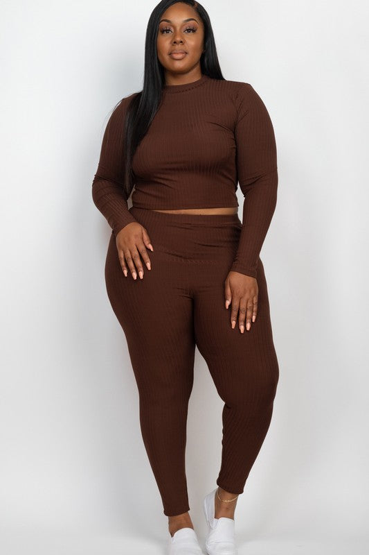 Plus ribbed mock-neck long-sleeve top and leggings set in brown; soft, lightweight, high-stretch rib knit.