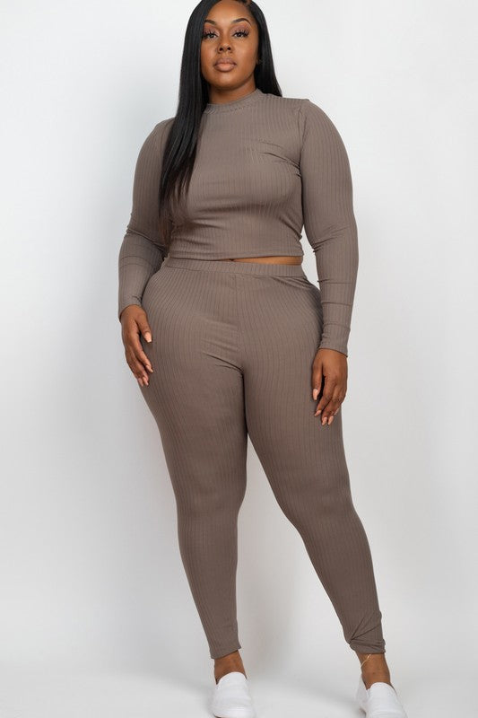Plus ribbed mock-neck long-sleeve top and leggings set in taupe; soft, high-stretch rib knit.