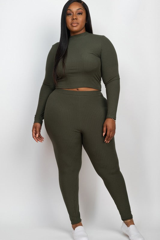 Plus Ribbed Mock Neck Long Sleeve Top & Leggings Set in olive green; soft, lightweight rib knit on a plus-size model.
