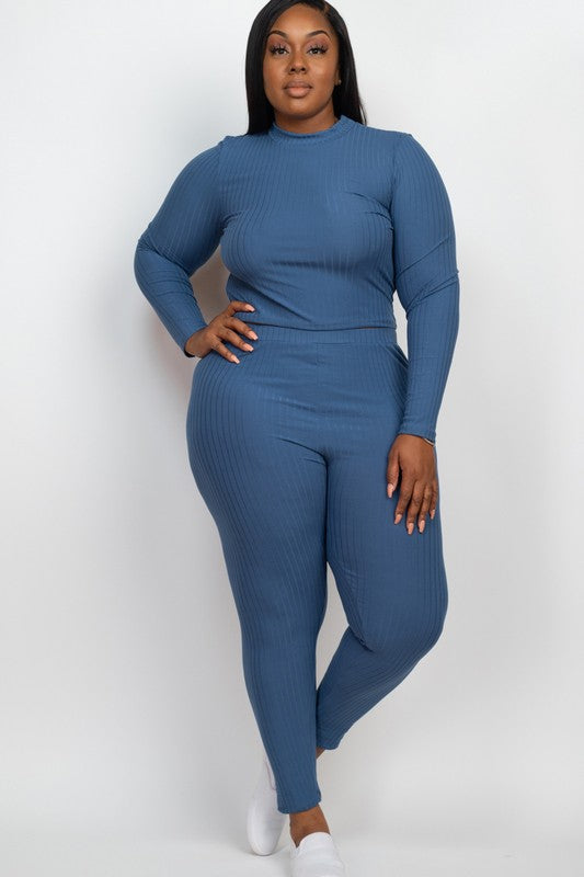 Plus Ribbed Mock Neck Long Sleeve Top & Leggings Set in blue on a plus-size model.