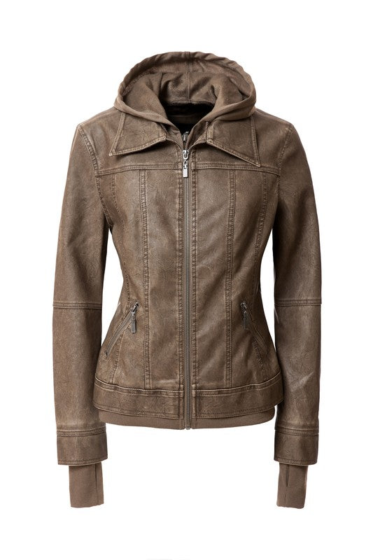 Detachable Hooded PU Leather Motorcycle Jacket for Women