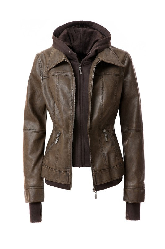 Detachable Hooded PU Leather Motorcycle Jacket for Women