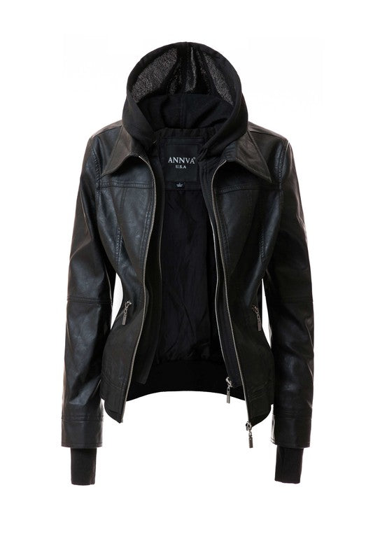 Detachable Hooded PU Leather Motorcycle Jacket for Women