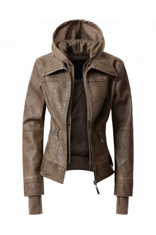 Detachable Hooded PU Leather Motorcycle Jacket for Women