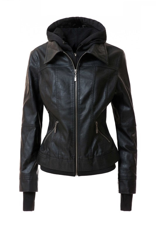 Detachable Hooded PU Leather Motorcycle Jacket for Women